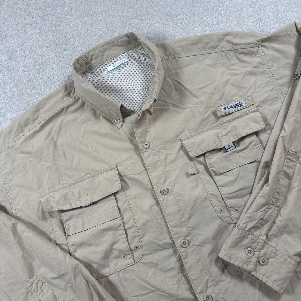 Columbia PFG Omni Shade Fishing Shirt Mens 2XL Tan Vented‎ Casual Button Down